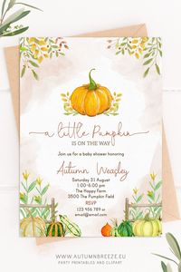 Little pumpkin baby shower invitation. This editable template is perfect for a fall baby shower theme, it has autumn elements such as foliage and pumpkins. Instant download party printable 5x7 in that you can print yourself at home. Editable invitation with a cute orange pumpkin.