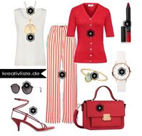 Eine sommerliche Hose in Rot-Weiß mit Streifen, dazu eine Strickjacke und rote Accessoires! Alle Links zu den Artikeln findest du auf kreativliste.de #outfit #outfitidee #rotweiss #rot #streifenhose #outfitinspiration
