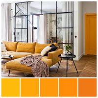 Lucja Szwedo’s apartment in central Warsaw features saturated yellow and orange design accents nested within a neutral colour scheme. Analogous colour palette illustration by Zena O’Connor. Image credit: Inrichting-Huis.com, October 2017.