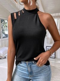 Black Casual Collar Sleeveless Polyester Plain Embellished Slight Stretch Summer Women Tops, Blouses & Tee