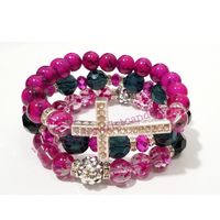 Fuschia Bracelet, Beaded Bracelet Set, Black, Silver,Stretchy, Cross Bracelet, OOAK, Women, Custom Handmade Beaded Jewelry