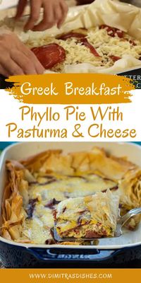 Take breakfast casserole to the next level with this easy & healthy Greek breakfast phyllo pie with pasturma and cheese. It's so easy to make and delicous. Flaky, buttery phyllo dough, silky & creamy egg loaded with flavors. pasturma and LOTS of cheese! Perfect easy egg breakfast casserole recipe!