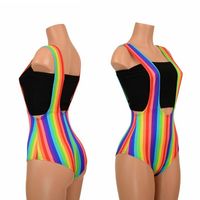Rainbow Stripe Suspender Siren Cut Romper Suit Playsuit Stretchy Spandex Overalls Clown Bright - 155