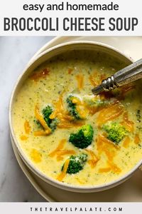 Easy Broccoli Cheese Soup is a quick and delicious dish! This version is loaded with broccoli and quick melting Velveeta cheese, chicken broth, and milk. Recipe included crockpot and healthy alternatives to this classic American soup!