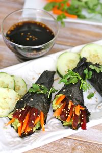 Vegan avocado and beet hand rolls with a spicy teriyaki sauce