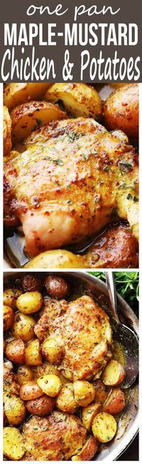 One Pan Maple Mustard Chicken and Potatoes - Easy and absolutely amazing one pan dinner with chicken thighs and potatoes cooked in a delicious maple syrup and mustard dressing.