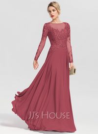 A-Line Scoop Illusion Floor-Length Chiffon Lace Evening Dress With Beading Sequins (017153635) - JJ's House