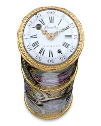 This extraordinary rare Louis XV-period gold and enamel étui are almost certainly the only of its kind ever created. Crafted of 22k gold with hand-painted enamel, it is as exquisite as it is practical. A watch by the celebrated Swiss clockmaker Jean Romilly adorns one end of the cylinder, while the other features a rare date indicator. 18th Century ~ M.S. Rau Antiques