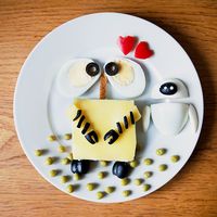 Wall-e Boiled eggs, olives, cheddar cheese, peas and red pepper.