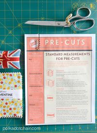 A free reference guide to precut fabric and a chart with definitions to common quilting terms, like what is a fat quarter or charm pack?