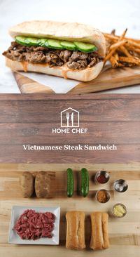 Steak strips, seasoned with a rub of ginger, garlic, and chile sits atop a spicy Sriracha mayo slathered on a French roll. (Cultural fusion strikes again.) Pickled cucumber slices provide a perfect crunch, as you'll find a stea