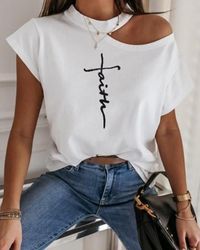 Item ID: L8130 Description: Style:Brief Pattern Type:Letter Material:Polyester Neckline:Cold Shoulder Sleeve Style:Short Sleeve Length:Regular Occasion:Casual
