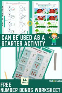 Get the digital interactive version with drag and drop activities with this free worksheet for year 1 learners on number bonds This pdf differentiated worksheet contains 14 pages with a vibrant design that will engage your learners. This lesson can be used as starter activities, whole class teaching or as a plenary. Also appropriate for SEN and early years.