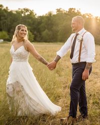 Beaded Chiffon Sheath Wedding Dress Lorraine by Rebecca Ingram. Click to find this gown! . . . . #beadedweddingdress #chiffonweddingdress #vneckweddingdress #sheathweddingdress
