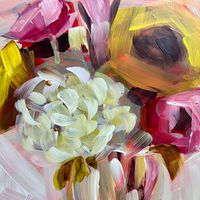 Original acrylic painting of painterly loose florals on 6 x 6 wood panel and 8x8 boxed framed . Suitable for shelf display or ready to hang with sawtooth hook. Artist signature on front and back of artwork. Each art piece is photographed in natural light and can vary its colors throughout the day.