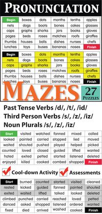 Pronunciation Mazes are great as an assessment of lessons taught, a cool-down activity, or for early finishers! The challenge is to connect the words with the same ending sounds in a maze-like fashion. These 27 puzzles address three areas of pronunciation for ESL learners: past tense, third person singular verbs, and noun plurals.