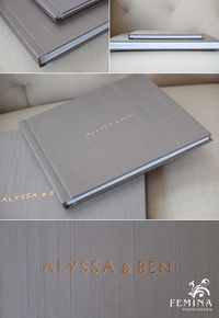 **Nouveau Collection** Wedding Album (12x12) - Shaunting Silk "Gray" with copper name imprinting (modern all caps). Shown with matching 8x8 parent album. Photography + Design by Femina Photo + Design, crafted by Renaissance Albums (www.feminaphoto.com)