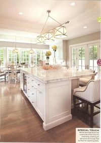 Lighting & open space idea. Kitchen cupboards painted Benjamin Moore, 'Light Pewter'