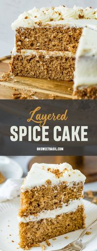 This spice cake is tender and everything you love about the fall spices. Topped with a luscious cream cheese frosting, this spice cake is one for the books! #dessert #recipe #cake #spice #cream cheese