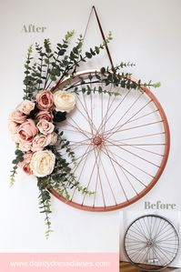 Repurpose And Recycle An Old Bike Wheel. Turn a bike wheel into a floral wreath by using some spray paint and some faux flowers. Perfect wedding DIY.