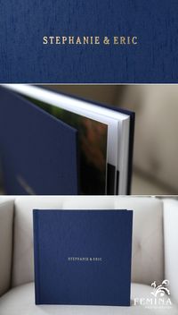 **Nouveau Collection** Wedding Album (10x10) - Shaunting Silk "Navy" with gold name imprinting (italic all caps with extra spacing). Photography + Design by Femina Photo + Design, crafted by Renaissance Albums (www.feminaphoto.com)