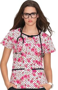 Betsey Johnson by koi Women's Rose Cherry Blossom Print Scrub Top Clearance | al