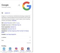 Figure 4.3- Knowledge panel from page one of search results. If you search the keyword “google,” this panel appears in the upper right-hand corner of the search results page. Knowledge panels list factual information about brands.