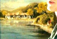 Bilbo's painting of the Green Dragon Inn, Hobbiton, the Shire | Behind Frodo, in Bagend, The Hobbit: An Unexpected Journey