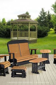 Relax outdoors with the whole family with this extensive Amish poly furniture collection, featuring a gliding loveseat, two outdoor Amish glider chairs, a gliding ottoman, an outdoor Amish coffee table and an Amish end table. Enhance the outdoor setting of your #Amish #patio #furniture set with our natural solid color selections or charming color combinations.