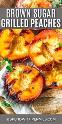 Grilled peaches and ice cream make for the perfect summer dessert! Coat the peaches with butter, brown sugar, and cinnamon, then grill until caramelized and top with ice cream. #spendwithpennies #grilledpeaches #peachrecipes #dessert #fruitrecipe