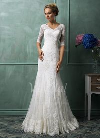 Bröllopsklänningar - $223.71 - Trumpet/Sjöjungfru V-ringning Chapel släp Spetsar Bröllopsklänning (0025102996)