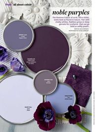 Noble Purples Paint Color Palette. The Pantone Colour of 2018, Ultra Violet, looks best as found in nature. Pair with chalky whites, feathery greys or deep garnets for a scheme that can go bold or softly poetic. Paint Colors Used: Nippon Paint Spring Lilac Manish Malhotra for Dulux Bejewelled Nerolac Amherst Fog British Paints Violet…