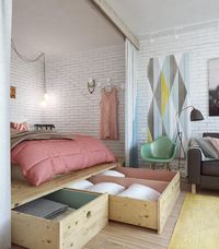 The bed sits on a wooden platform inside which storage spaces were cleverly included. Drawers can be pulled out to reveal ample storage for things like blankets, extra pillows or bedding. It’s an ingenious solution, perfect for such small spaces.