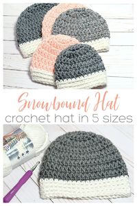 The Snowbound Hat is a crocheted hat pattern available in 5 sizes from baby-adult. Simple hat pattern with a contrasting brim. Made with super bulky Lion Brand Hometown yarn and an N hook it works up fast and