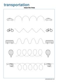Transportation, vehicles worksheet. Trace the lines. Kindergarten, preschool, first grade worksheets: lookbookeducation.com