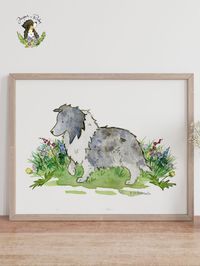 This is a print of an original watercolor painting of a bi blue sheltie and colorful wildflowers. It makes a lovely gift for any sheltie lover's collection, or a thoughtful and unique gift.