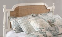 Melanie Queen Headboard in White (Frame Not Included) - Hillsdale 2167-570 Both coastal and French country, Hillsdale Furniture's Melanie cane headboard is a show stopping addition to your decor. Designed with attention to every detail, this bed features a dynamic off white finish on the frame and a complimentary natural finish on the inset cane panel, elegant contoured posts and oblong finials. The Melanie headboard will arrive to you as a headboard only, and will require a bolt on metal bed