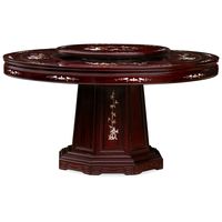60in Rosewood Pearl Inlay Design Round Dining Table with 8 Chairs. Mother-of-pearl decoration is hand-inlaid throughout the entire table. A removable lazy Susan situates in the center providing convenience for passing the dishes. Dark cherry finish. Oriental Rosewood dining set.