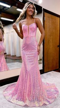 Product ID QP1357 Silhouette Sheath/Column Neckline V-Neck Hemline/Train Sweep Train Sleeve Length Sleeveless Fabric Sequins Back Details Zipper Embellishment Sparkly Occasion Prom,Evening,Homecoming,Party,Pageant,Wedding