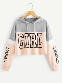 Style: CasualColor: MulticolorPattern Type: Letter, ColorblockNeckline: HoodedLength: CropType: PulloversDetails: Drawstring, ColorblockSleeve Length: Long SleeveSeason: Spring/SummerComposition: 95% Polyester, 5% SpandexMaterial: PolyesterFabric: Fabric has no stretchFit Type: Regular Fit