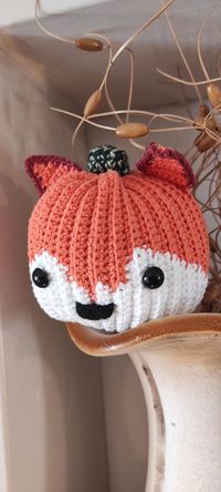 cute woodland inspired fox pumpking crochet. naturecore aesthetic, adorable halloween decor, spooky season crochet