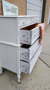 Vintage rustic 6 drawer dresser. Drawers open and close smoothly. Measures 38.5 wide by 20 deep and 47 tall. Very ornate. 3 small drawers on top and 3 very deep drawers. #vintagefurniture #paintedfurniture #furniture #farmhouse #shabbychic #rustic #cottage #country