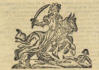 Grabado xil. que representa una mujer montando a caballo con una espada en lo alto y dos hombres en el suelo.