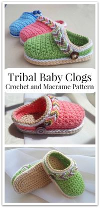 This is an original crochet pattern by Crochet Oasis, named "Tribal Baby Clogs". This pattern is suitable for beginners & intermediate level. It involves some basic sewing & macrame. If you are new to macrame, don't worry :) This guide will teach you how to craft the macrame straps with many photos & detailed instructions. #ad #affiliate #crochet #macrame #pattern