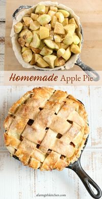Classic apple pie from scratch has a delicious apple filling baked inside a golden, flaky pie crust. Easy to make apple pie with fresh apples, sugar, lemon juice, tapioca, and spices. Use store-bought or homemade pie crust, cast iron skillet or a regular pie plate. #applepie #apples #pierecipes #pie #castironrecipes #piecrust #fallrecipes