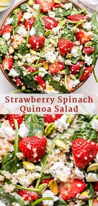 This Strawberry Spinach Quinoa Salad is a delicious and healthy salad to make this spring and summer! Loaded with quinoa, goat cheese, strawberries, spinach and pistachios, then tossed in a lemon vinaigrette. #salad #spinachsalad #strawberries #quinoasalad #sidedish #spring #summer #vegetarianrecipes #healthyrecipes #dinner #glutenfree
