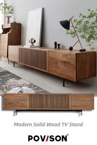 Modern Solid Wood TV Stand, Slatted Media Console with Tall-cast Metal Legs, Walnut Veneer, Fully-Assembled, 70.87"
