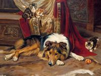 Wright Barker (1864-1941) Collie with kitten.