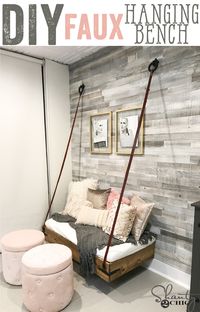 Build this DIY Faux Hanging bench with only $100 in lumber! Free plans and how-to video at www.shanty-2-chic.com Perfect for a daybed, floating bench, floating bed, playroom, couch, floating couch, hanging bed.