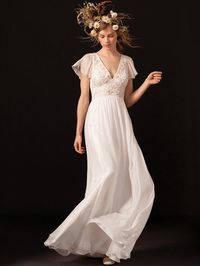Temperley London Spring 2018 vintage- and boho-chic V-neck wedding dress with sheer flutter sleeves